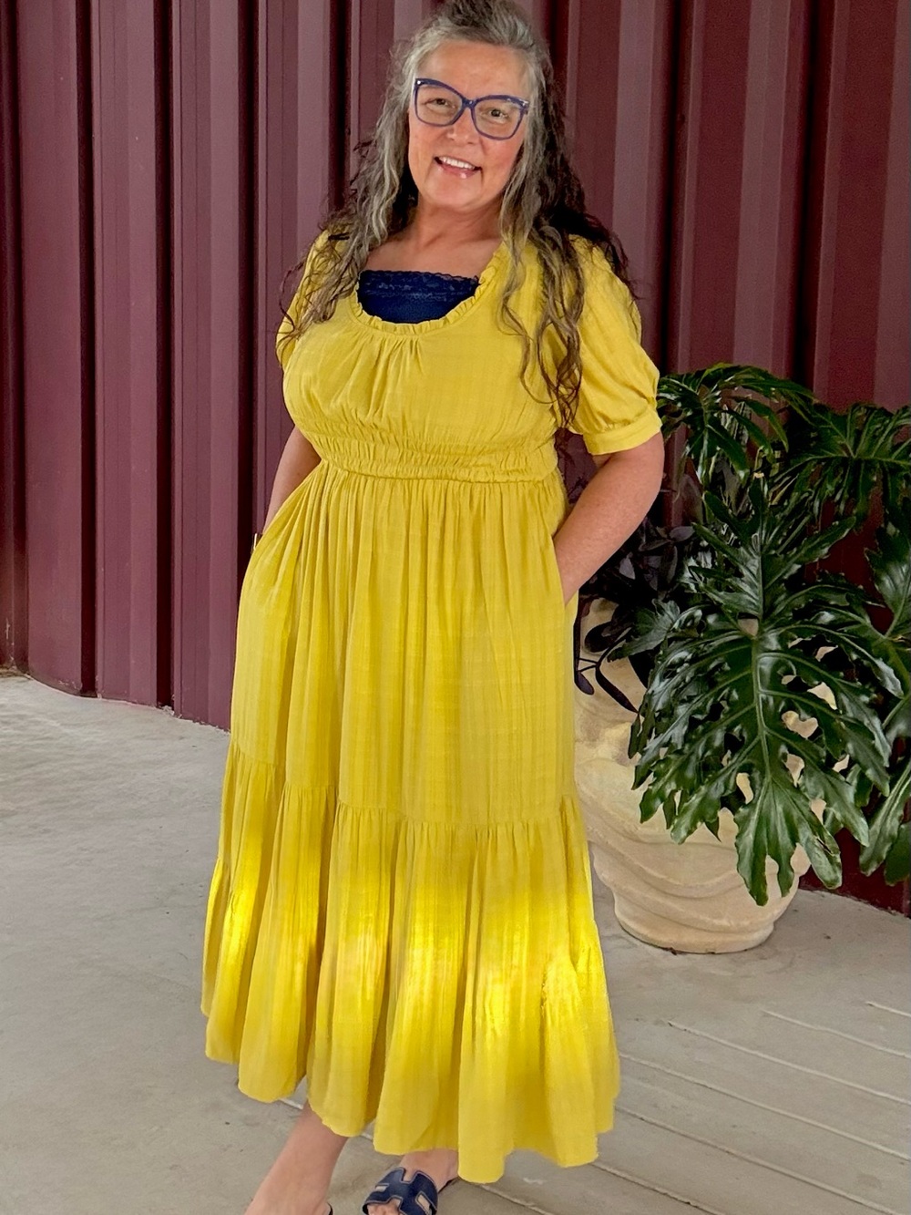 Umgee Yellow Tiered Maxi Dress with Puff Sleeves - Picture 2 of 5